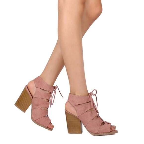 Charlotte Russe Pink Suede Ankle Boots Stacked Heel Lace Up Size 7.5 - Picture 2 of 9